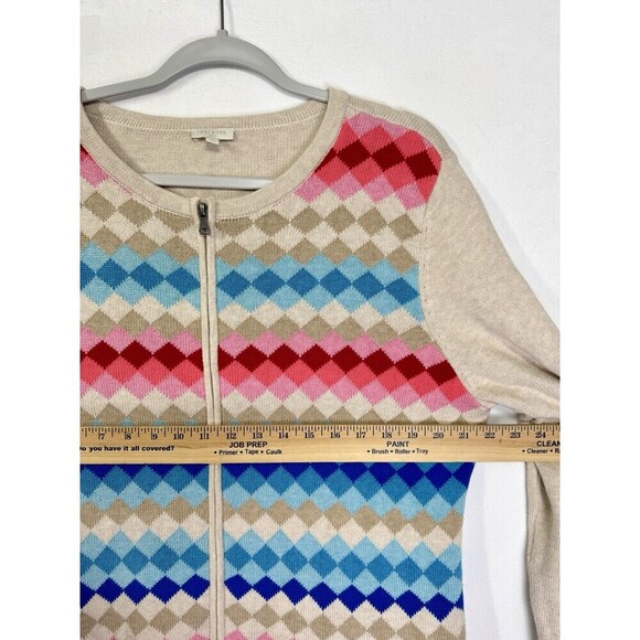 Talbots Argyle Full Zip Jacket Cardigan Womens XL Tan Pink Blue Diamond Sweater - Picture 7 of 8